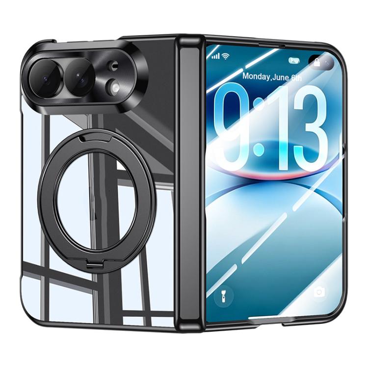 For iPhone Duo Intergrated Shell And Flim Electroplating Transparent Shockproof Phone Case With 360 Degree Holder(Black)