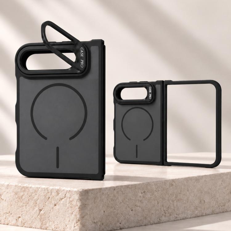 For iPhone Duo Bright Color Contrast Skin-feel Camera Bracket Magsafe Phone Case(Black)