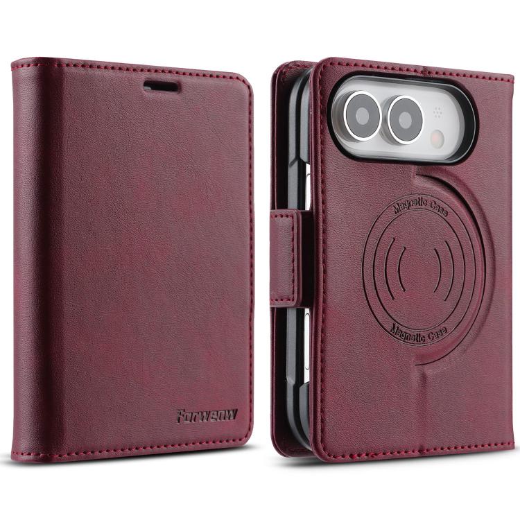 For iPhone Duo Forwenw F10 Dual-side Buckle Magnetic Vegan Leather Phone Case(Wine Red)