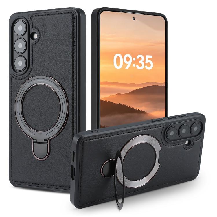 For Galaxy S26+ 5G F12 360 Rotation Magnetic Holder PU Phone Case(Black)