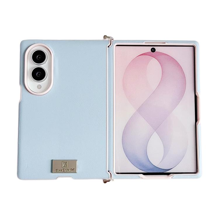 For Galaxy Z Fold8 5G Nameplate Side Buckle Color-Block Dopamine PU Texture Phone Case(Blue)
