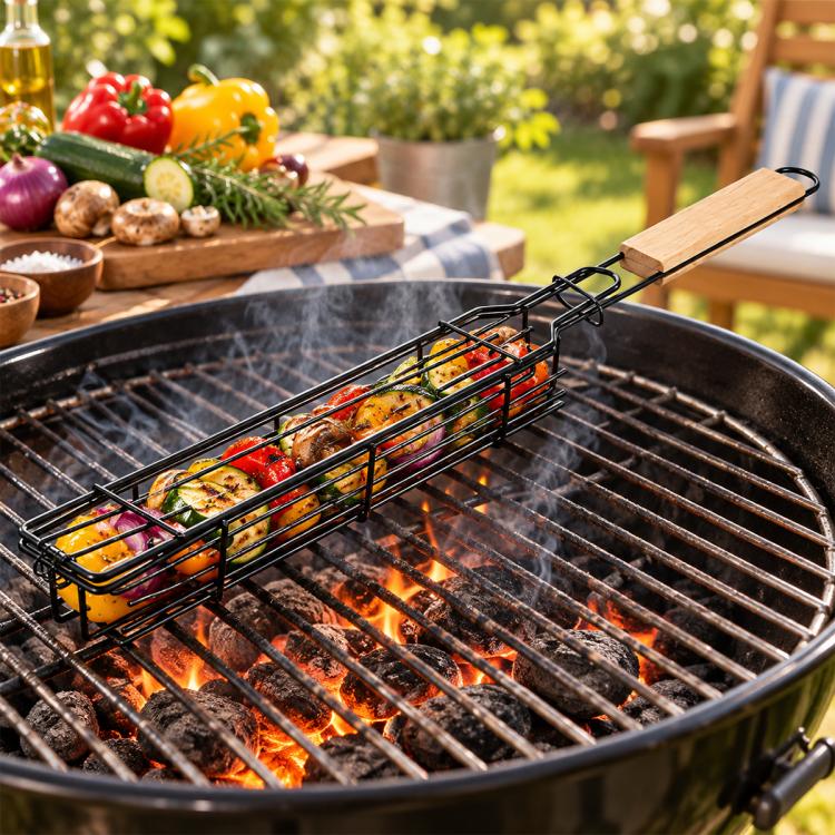 LsCook Stainless Steel Barbecue Clip Mesh Outdoor Barbecue Sausage Mesh Rack, Type:Wood Color