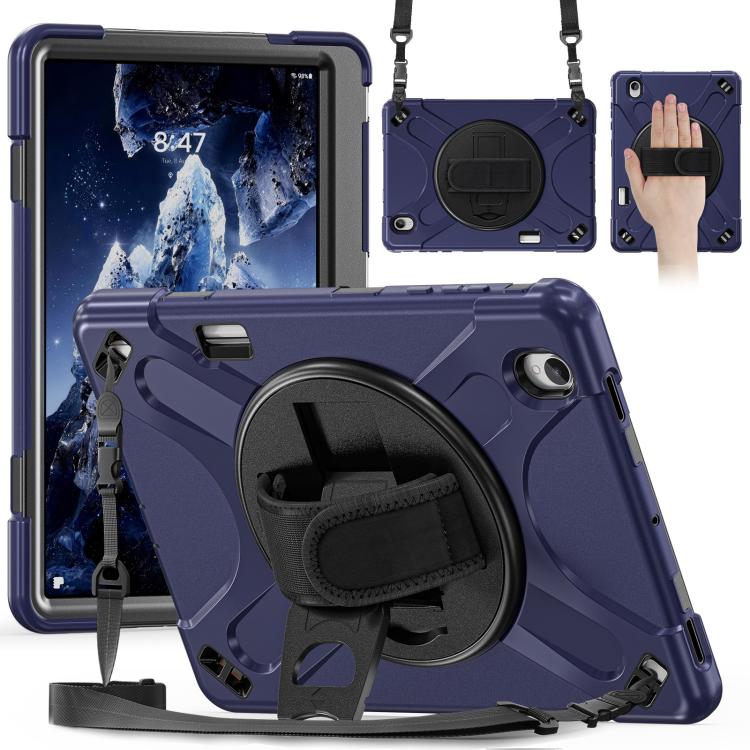 For Galaxy Tab S12+ Rotatable Holder Silicone Hybrid PC Tablet Case with Shoulder Strap & Pen Slot(Navy Blue)