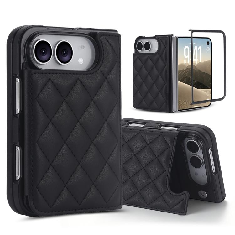 For iPhone Duo Rhombic Texture Full Coverage Fold Double Buckle PU Phone Case(Black)