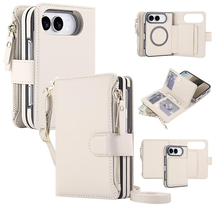 For iPhone Duo KLT-033 Detachable 2 in 1 Zipper Wallet Magnetic Phone Case with Lanyard(Apricot)