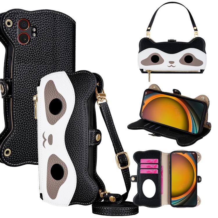 For Galaxy XCover7 Pro Raccoon Lychee Texture Vegan Leather Phone Case with Lanyard(Black)