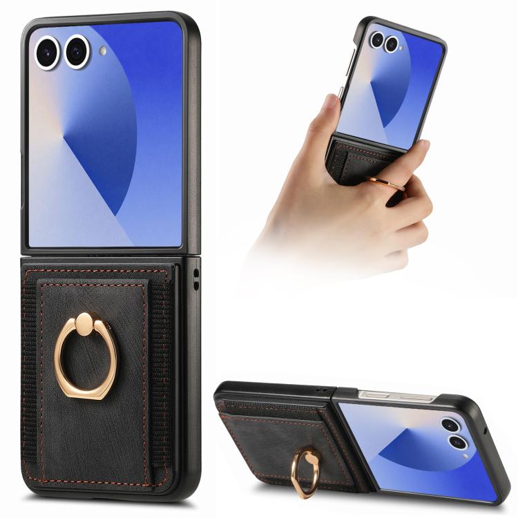 For Galaxy Z Flip8 5G Retro Skin-feel Ring Card Bag Phone Case(Black)