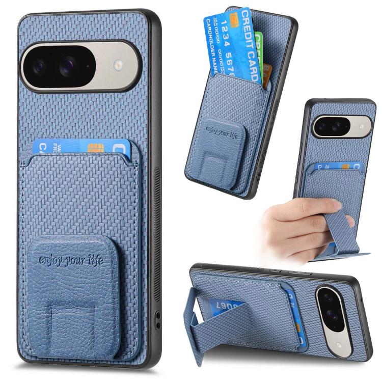 For Google Pixel 11 Pro XL Carbon Fiber Card Bag Fold Stand Phone Case(Blue)
