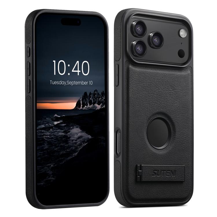 For iPhone 17 Pro Max Suteni G2 Magsafe Litchi Texture Leather Back Phone Case with Holder(Black)