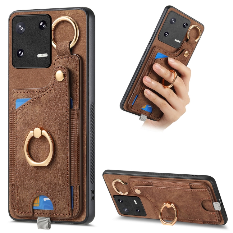 For OnePlus 12 5G Retro Skin-feel Ring Card Bag Phone Case with Hang Loop (Brown)