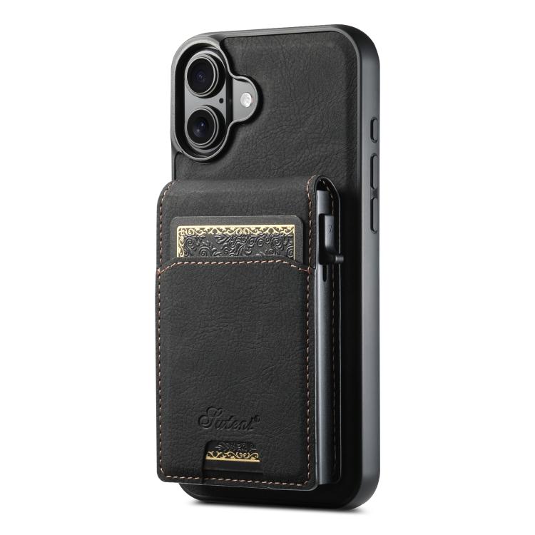 For iPhone 18 Suteni H19 Litchi Grain 2-in-1 MagSafe Removable Card Box Back Phone Case(Black)