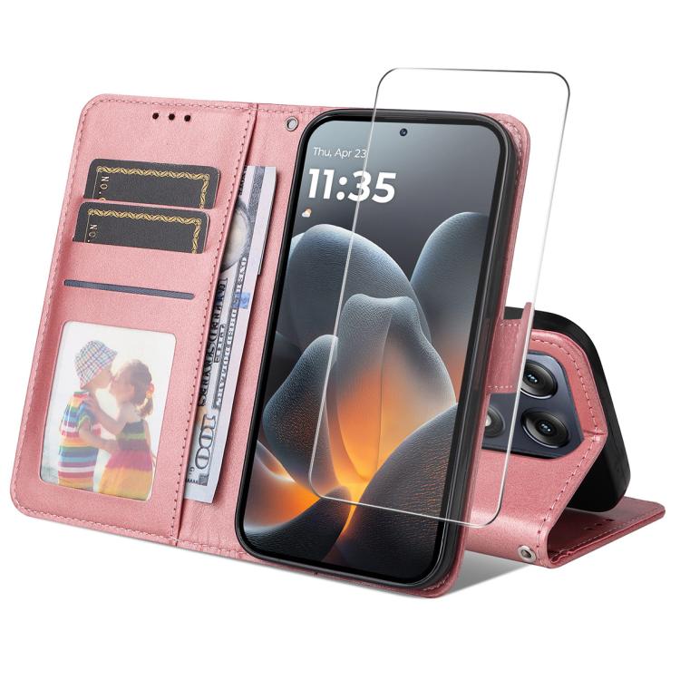 For Motorola Signature 5G ENKAY Card Wallet Calf Texture Leather Phone Case with Screen Film(Pink)