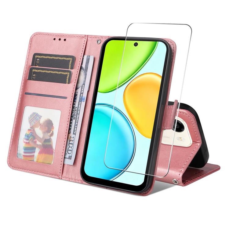 For Honor X6e / X7e 4G ENKAY Card Wallet Calf Texture Leather Phone Case with Screen Film(Pink)