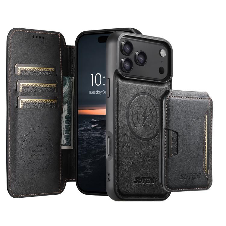 For iPhone 17 Pro Max Suteni Q05S3 3-in-1 Detachable Vertical Flip Wallet MagSafe Leather Phone Case(Black)