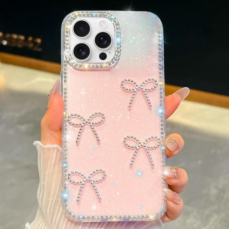 For iPhone 15 Pro Max Diamond Glitter Bow-knot Four-Corner Shockproof Phone  Case(Light Pink)