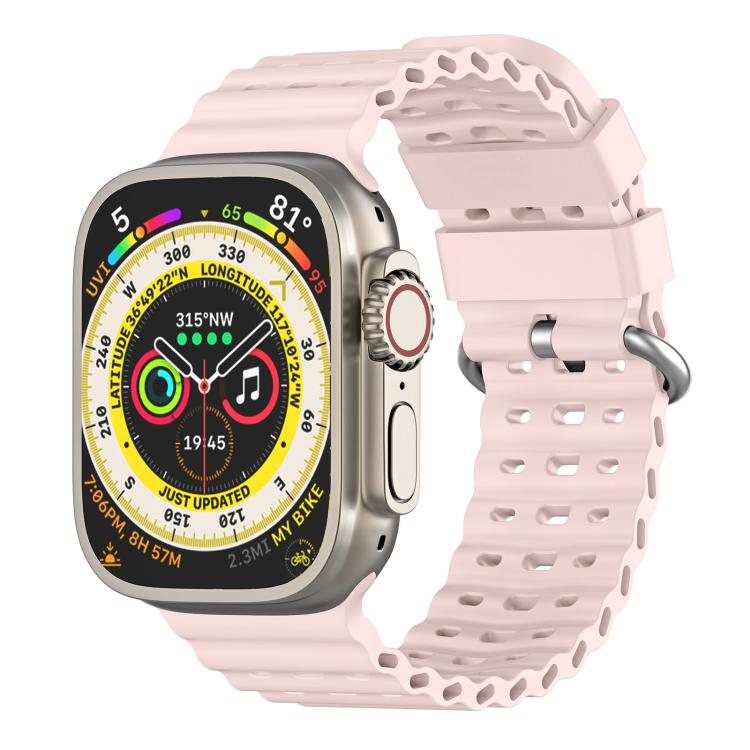 For Apple Watch 46mm / 49mm / 45mm / 44mm Ocean Perforated Silver Buckle Breathable Silicone Watch Band(Pink)