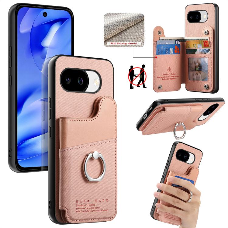 For Google Pixel 10a Twill Fabric Ring Multi-card Wallet Vegan Leather Phone Case(Pink)