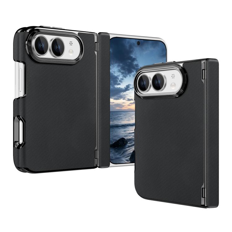 For iPhone Fold Fine-grained Vegan Leather Dual-Hinge Magnetic Phone Case(black)