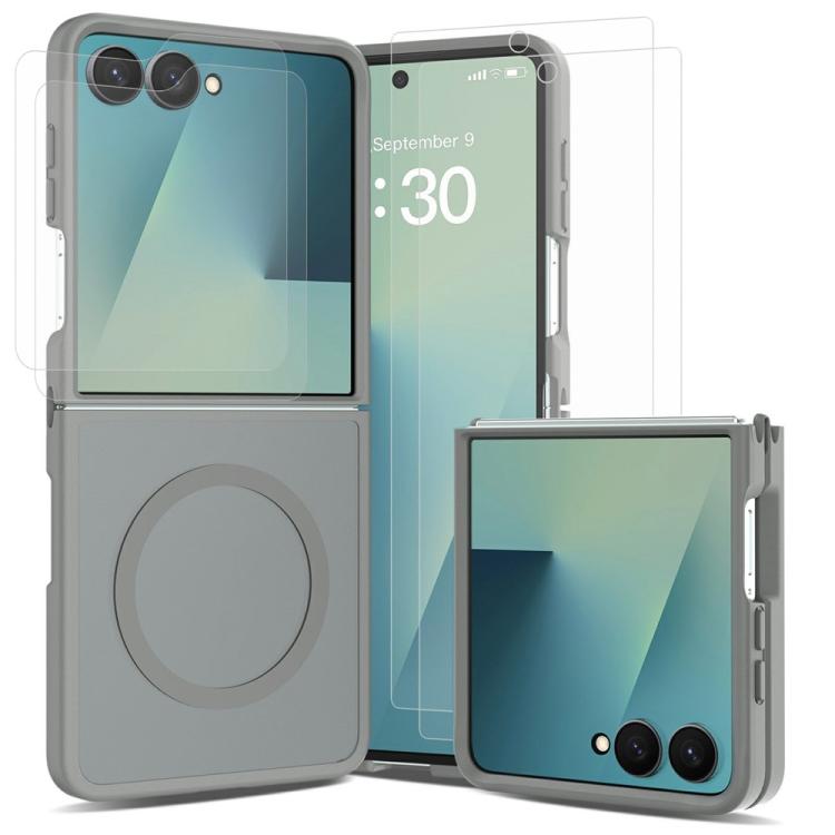 For Galaxy Z Flip8 5G 5 in 1 Set Skin-Feel Magnetic Phone Case with 2pcs Outer Screen Film + 2pcs Inner Screen Hydrogel Film(Grey)