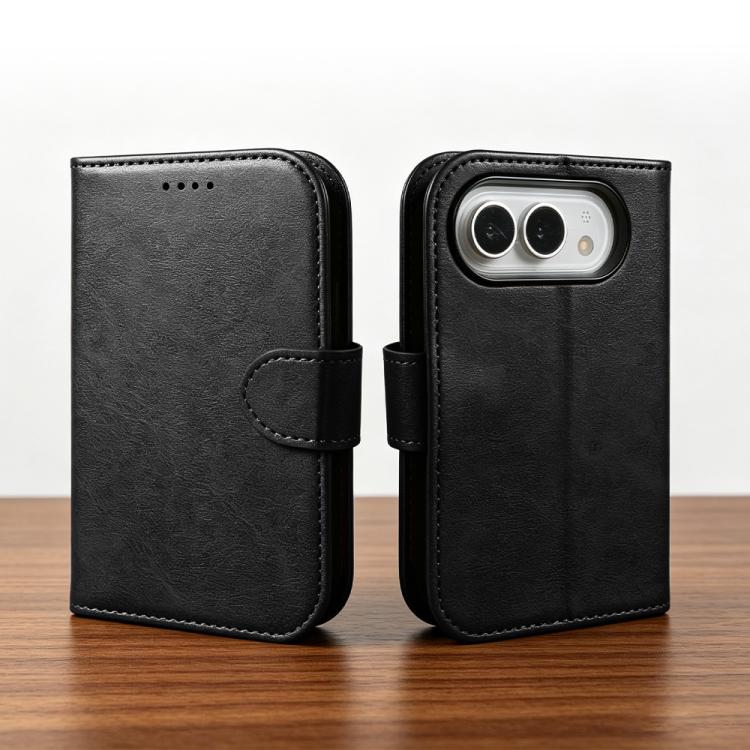 For iPhone Duo Calfskin Texture Horizontal Flip Vegan Leather Phone Case with Holder(Black)
