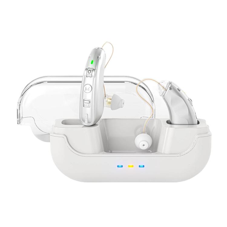 Rechargeable behind-the-ear hearing amplifiers with charging case