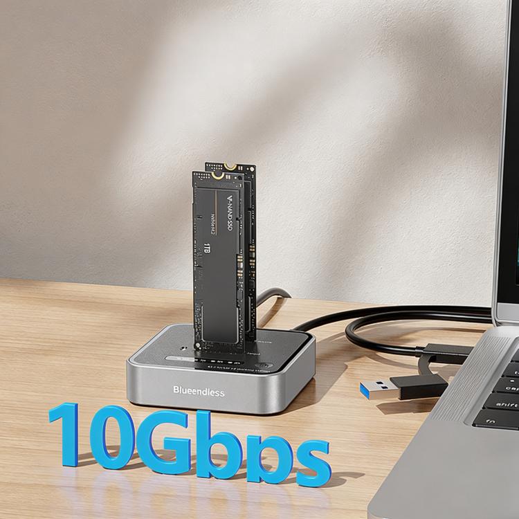 Blueendless SD08A M.2 NVMe SSD Docking Station Dual-Bay USB 3.2 Gen2 10Gbps External Drive Enclosure With One-Key Offline Clone Function US Plug