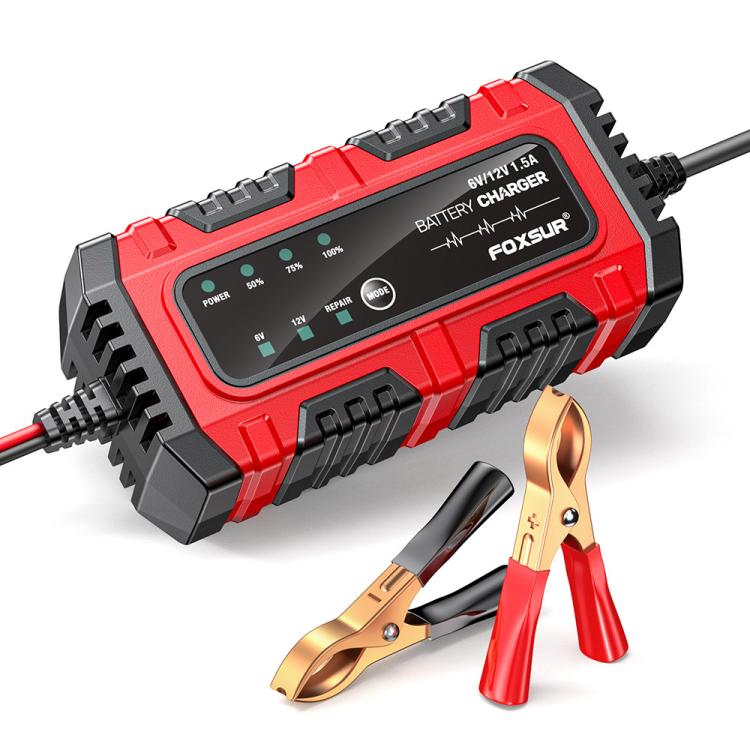 FOXSUR Smart 6V/12V 1.5A Battery Charger 4AH-30AH Lead Acid Battery Maintainer For Motorcycle/Car/ATV EU Plug