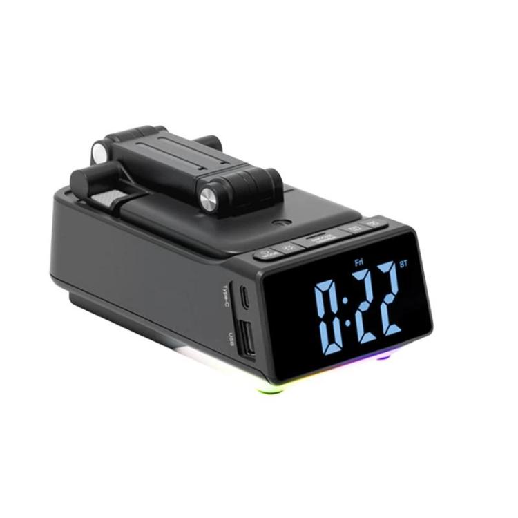 3 in 1 Desktop Folding Adjustable Phone Stand with Bluetooth Speaker Alarm Clock(Black)