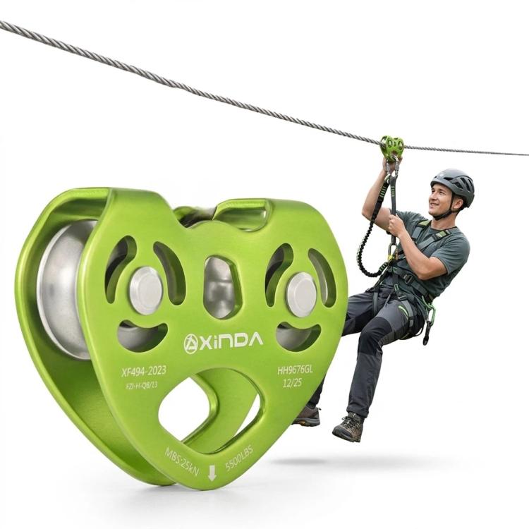 XINDA Double Trolley Pulley 5kN/5500lbs Heavy Duty Heart-Shaped Zip Line Pulley Tandem Pulley For Climbing, Rescue(Grass Green)