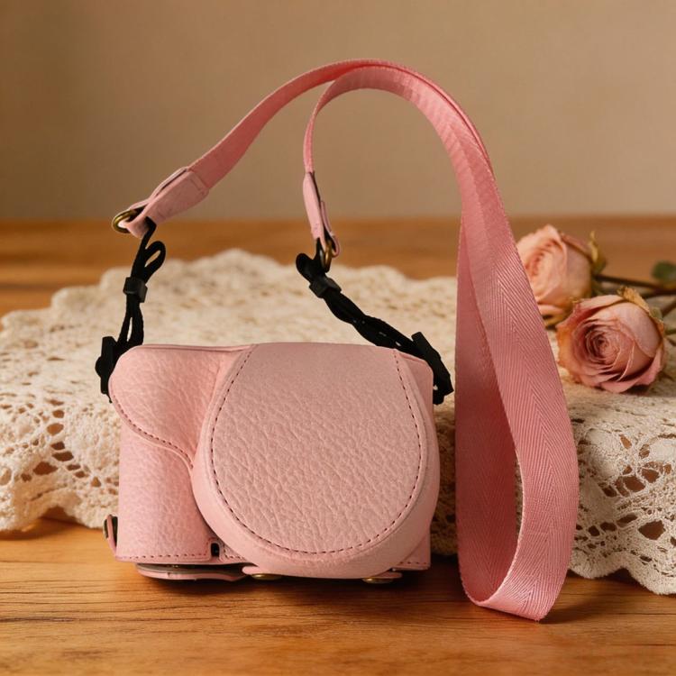 For Sony ZV-E10 Vintage PU Leather Camera Case Bag Retro Lychee Pattern Protective Cover with Shoulder Strap(Pink)