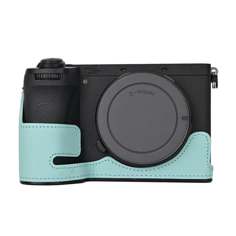 For Sony Alpha 6700 / ILCE-6700 Genuine Leather Half Case Aluminum Alloy Bottom Camera Protective Base(Light Blue)