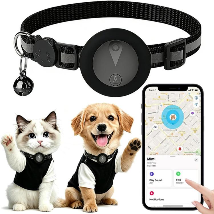 Cat Tracker Collar Compatible With Apple Find My Reflective Pet GPS Finder With Breakaway Safety Buckle & Bell(Black)