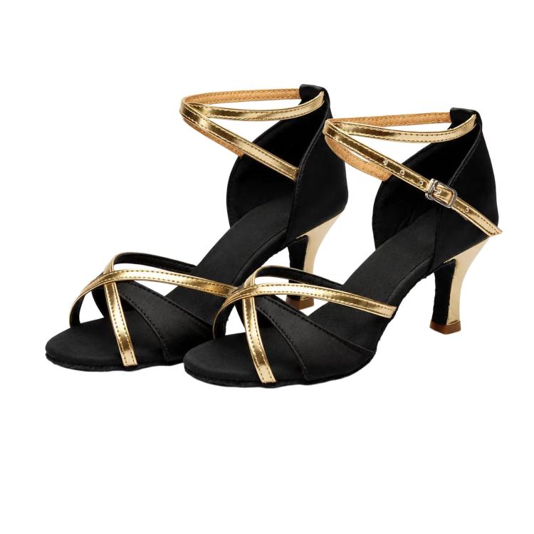 Womens Latin Dance Shoes Satin Strappy Ballroom Salsa Dancing Shoes 2-Inch Mid Heel Suede Sole Sandals, Size: 34(805 Black)