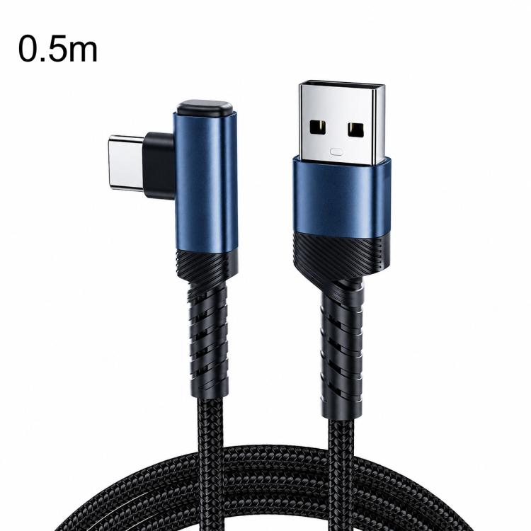 Toocki 90 Degree USB-A to USB-C/Type-C 3A Cable Fast Charging Cord Nylon Braided Elbow Charger, Length: 0.5m