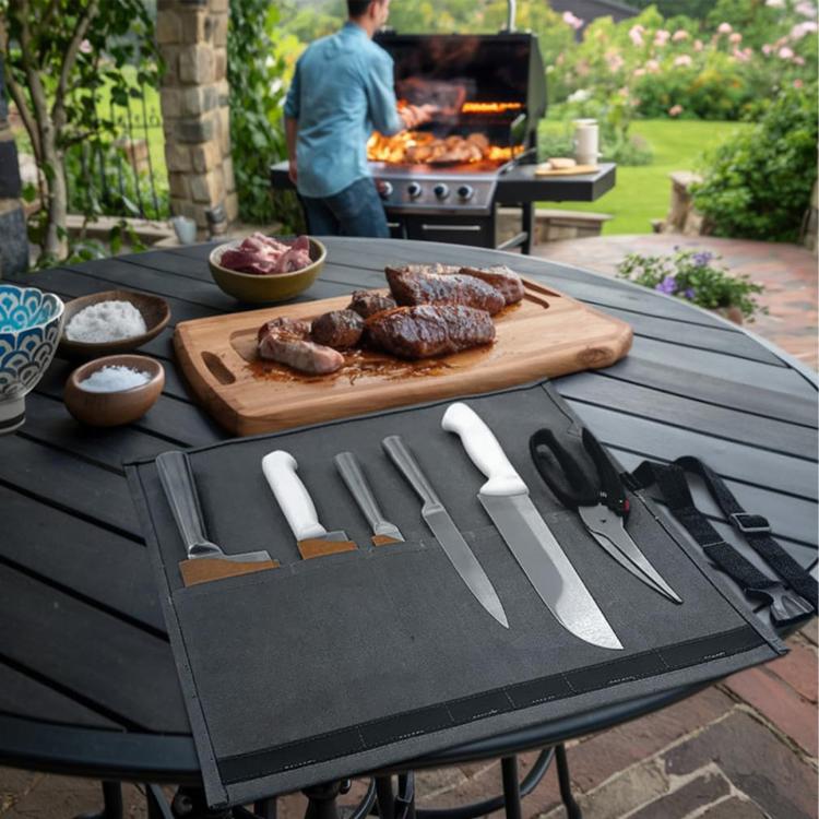 Canvas Roll Bag With 6 Pockets BBQ Knife Utensil Holder Camping Tool Organizer(Black Grey)
