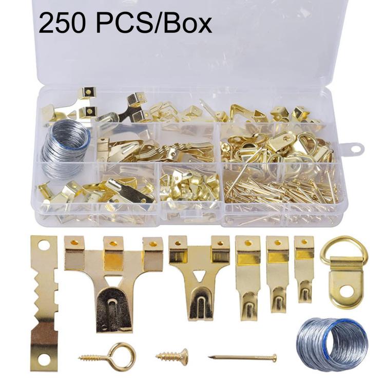250 PCS/Box Picture Hanging Kit Heavy Duty Photo Frame Hooks Hardware Assortment with Wire Screws(Gold)