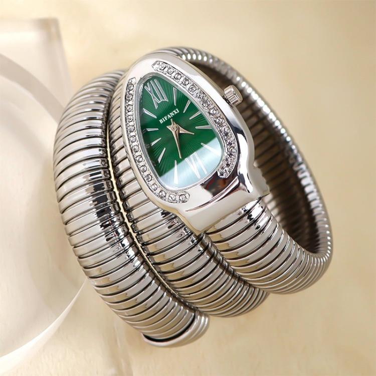 YAZOLE BI001 Women Snake Shaped Bangle Watch Elastic Steel Bracelet Quartz Cuff Watch Unique Animal Design Timepiece(Green Silver)