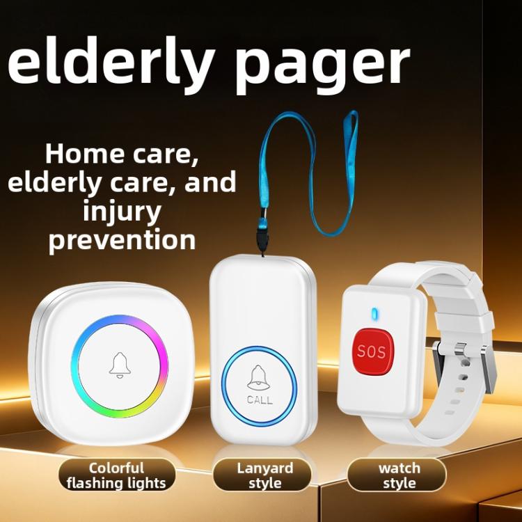 CACAZI A6 Wireless Elderly Emergency Call Button System with Flashing Light and Loud Alarm, Watch Button + Lanyard Button + Receiver EU Plug (White)